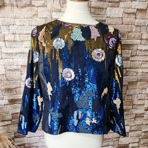 Geisha Designs Anthropologie Sequin Embellished Top in Blue and Gold